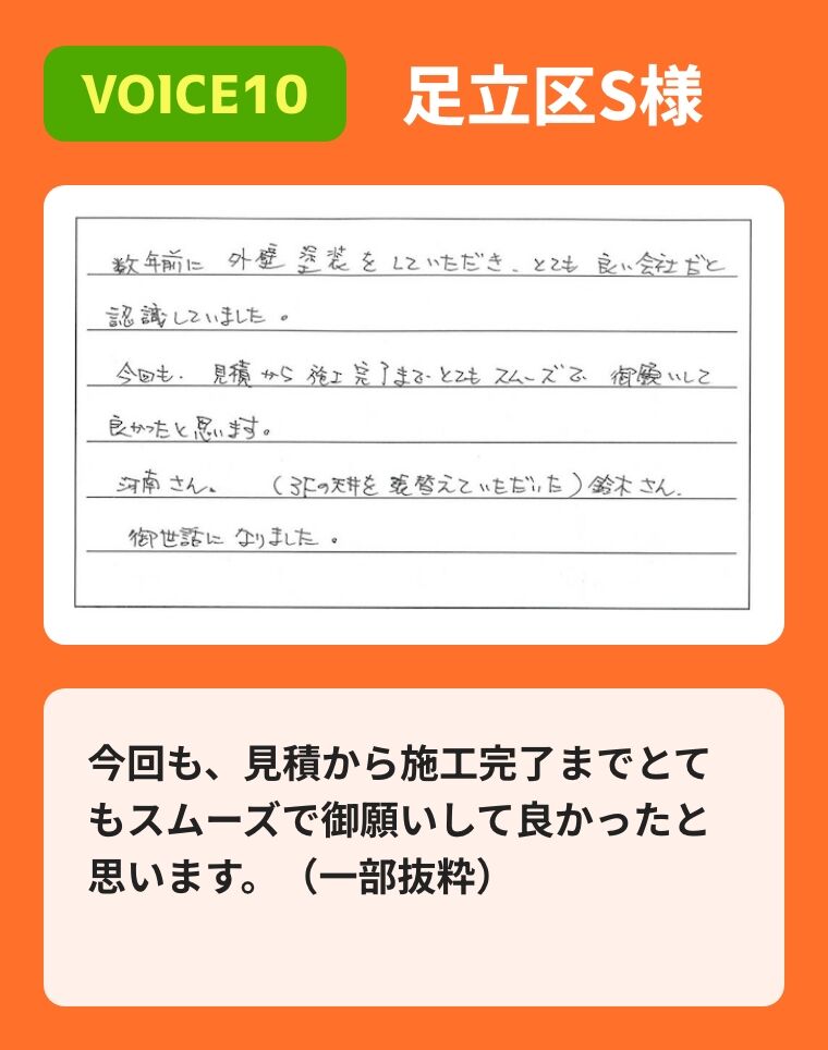 （一部抜粋）今回も、見積から施工完了までとてもスムーズで御願いして良かったと思います。（80代女性）