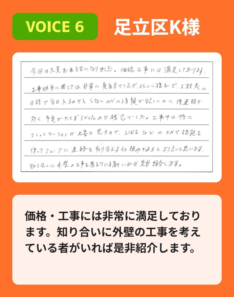 価格・工事には非常に満足しております。知り合いに外壁の工事を考えている者がいれば是非紹介します。