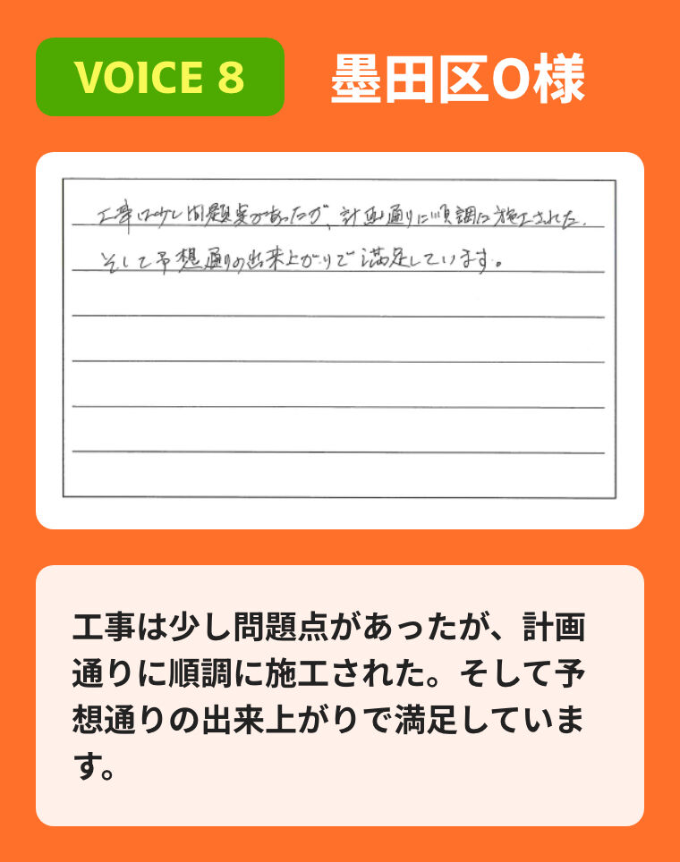 工事は少し問題点があったが、計画通りに順調に施工された。そして予想通りの出来上がりで満足しています。